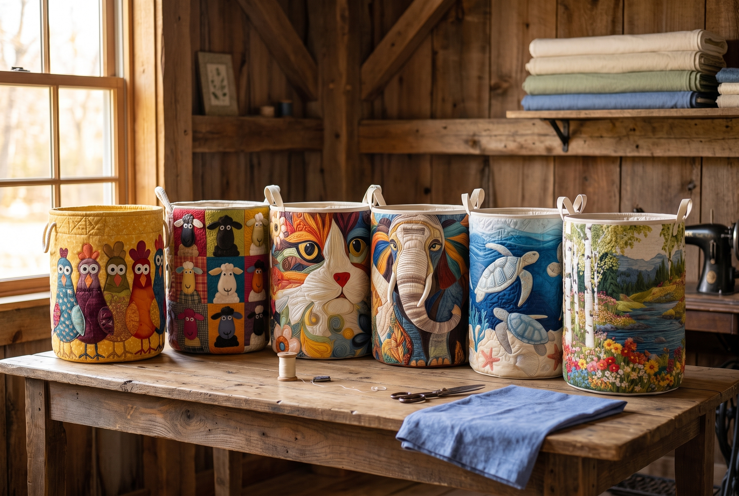 Several of Nora's quilted basket designs lined up together