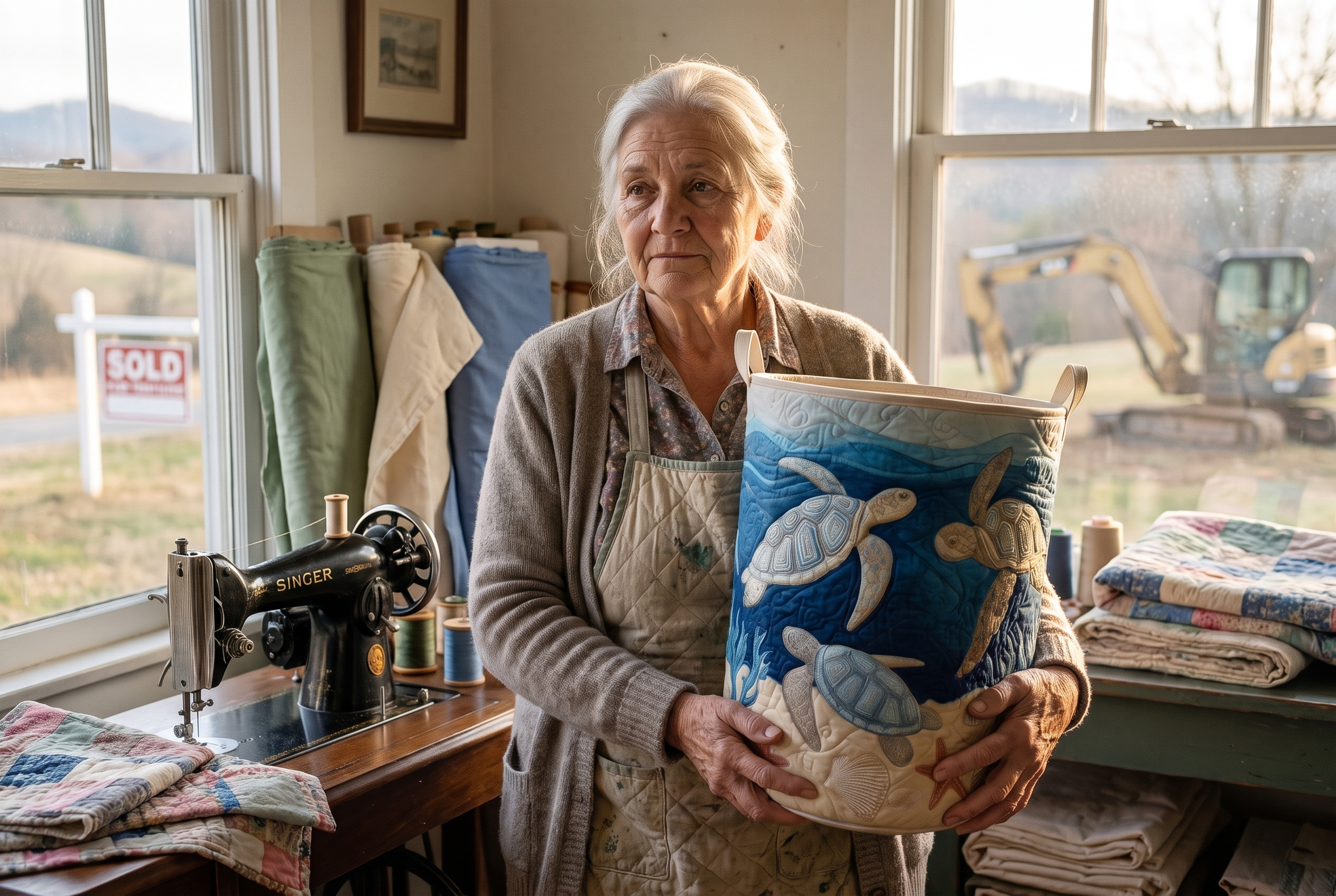 Nora Hartley (71) in her workshop holding one of her quilted baskets, a SOLD sign through the window behind her