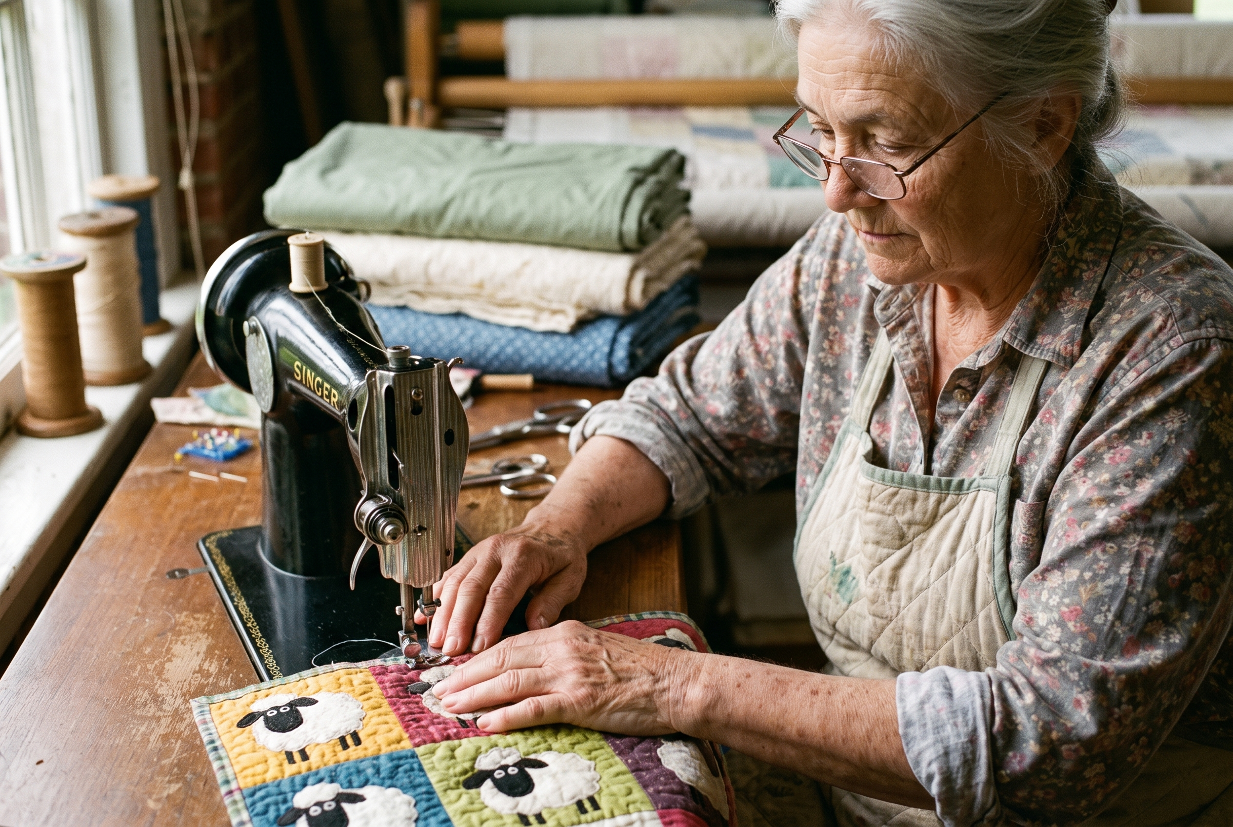 Nora sewing a quilted basket panel at her mother's 1969 Singer machine